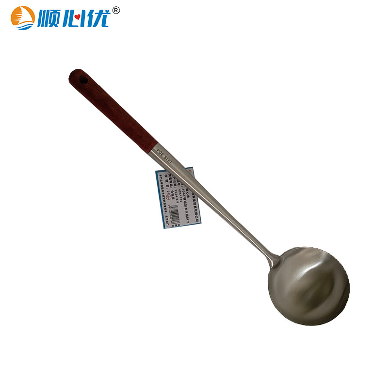 顺心优 304不锈钢加长木柄炒勺 425*100/把高清大图
