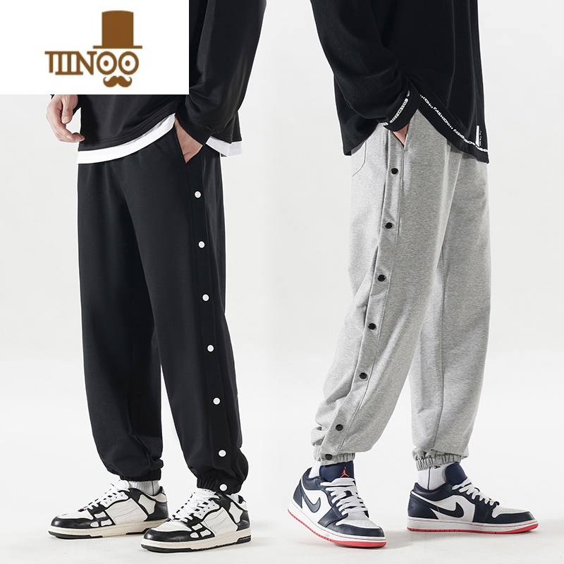 YANXU裤子男夏薄款灰色长裤男美式篮球全开排扣裤休闲九分运动卫裤高清大图