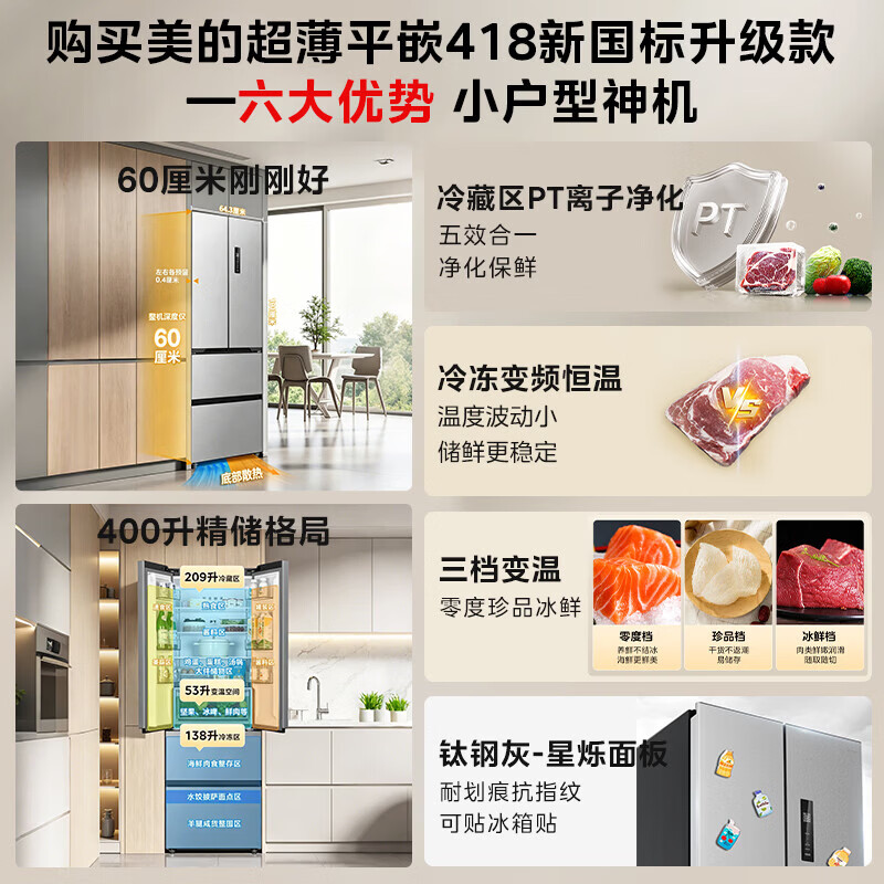 美的400L法式四开门冰箱新国标真一级超薄平嵌零嵌入式小户型风冷无霜节能变频2026新款MR-418WUFPE钛钢灰星烁高清大图