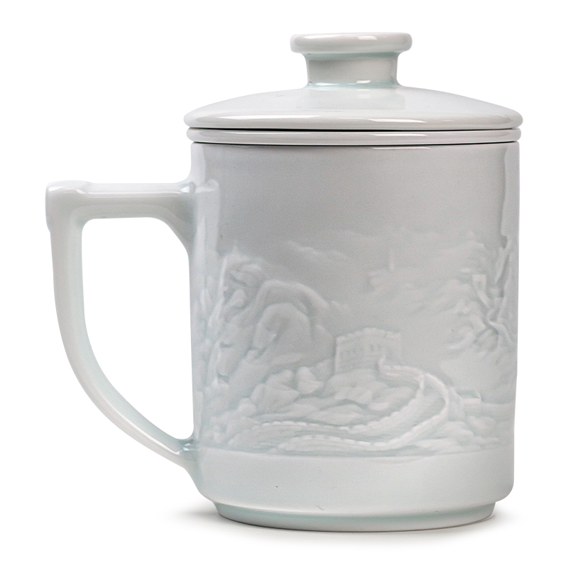 金镶玉黄守良老师手作 景德镇茶杯雕刻仿宋影青陶过滤茶带盖老板办公杯 锦绣中华景德镇浮雕办公茶杯
