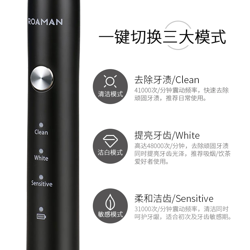 罗曼(ROAMAN)电动牙刷T5声波电动牙刷成人自动口腔护理充电式声波智能牙刷美白护齿黑色软毛刷家用儿童防水软毛牙刷
