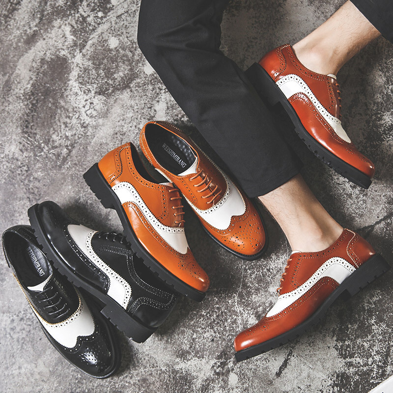 梵克公牛英伦皮鞋男时尚青年人造革洛克鞋子 2020新款经典百搭风拼色