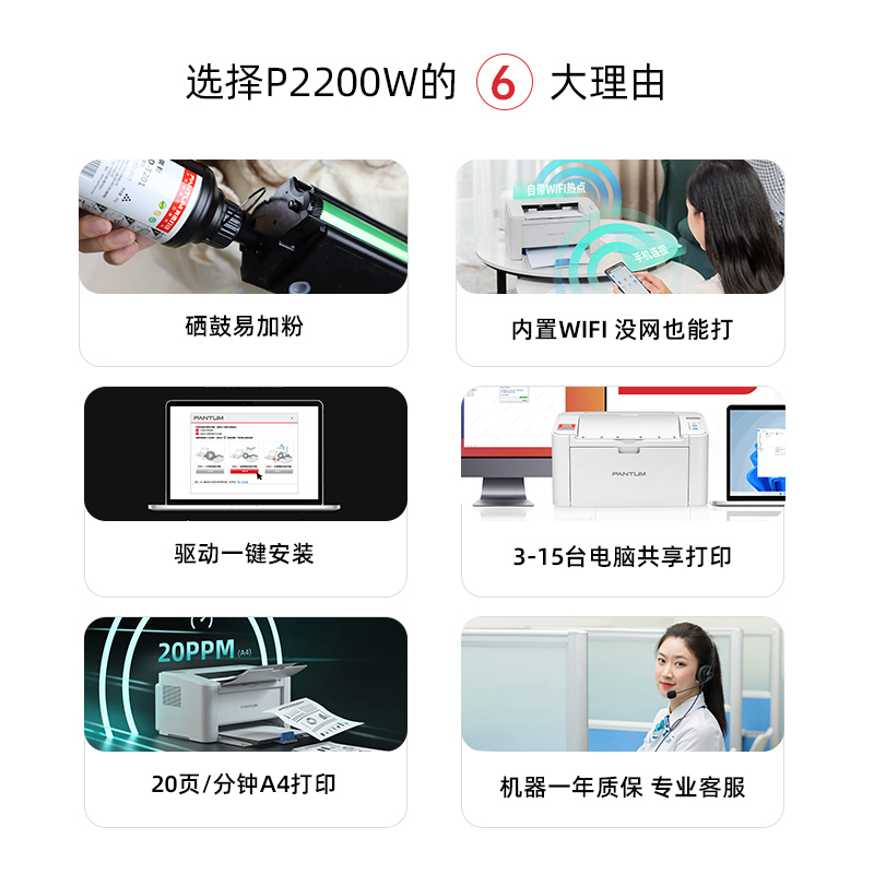奔图(PANTUM)易加粉打印机P2200W 小型无线黑白激光 家用办公