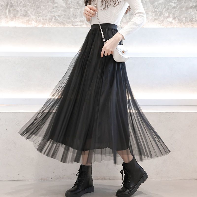 网纱半身裙中长款2021新款四季可穿腰显瘦韩版A字仙女百褶大摆裙 黑色[裙长65厘米 约膝盖下] S 建议75-90斤