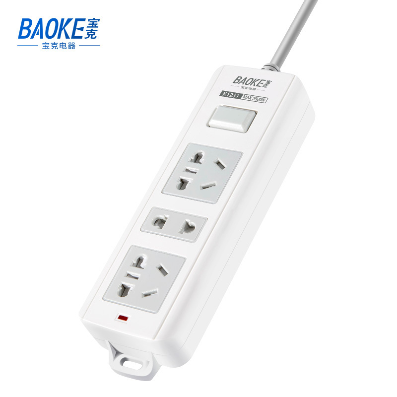 宝克(BAOKE)K1231 插线板 新国标延长线插座3位组合总控开关 2500W MAX 白色 1个