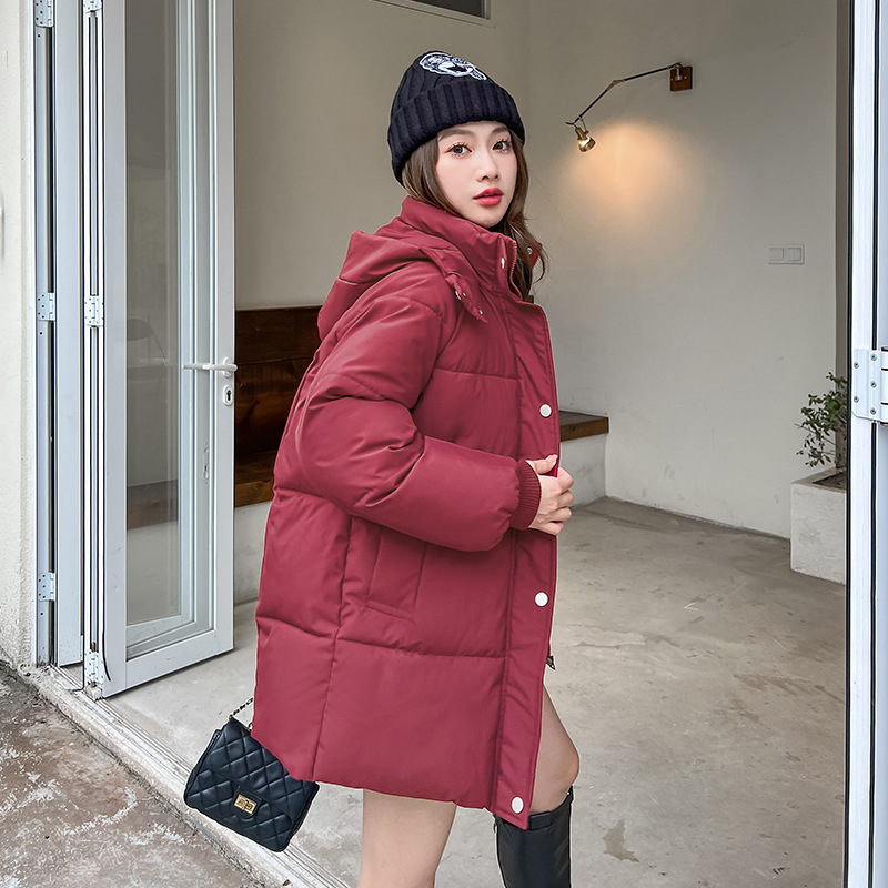 韩系百搭时尚面包服棉衣女小个子2023年冬季新款加厚连帽棉袄 酒红色 S