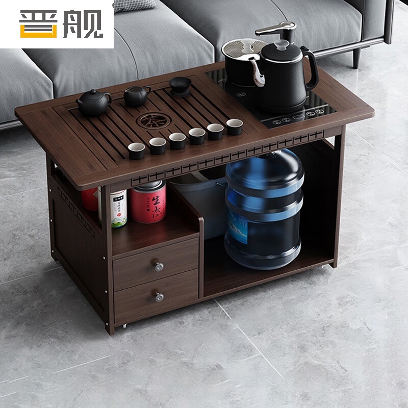 晋舰 移动茶台家用阳台竹木小茶桌烧水壶一体简约现代功夫茶几 防烫+黑陶茶具高清大图