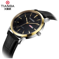 天霸(TIANBA)名仕系列男士手表 商务休闲皮带款双历手表 时尚情侣手表 石英表 男TM7019.01PK 黑色