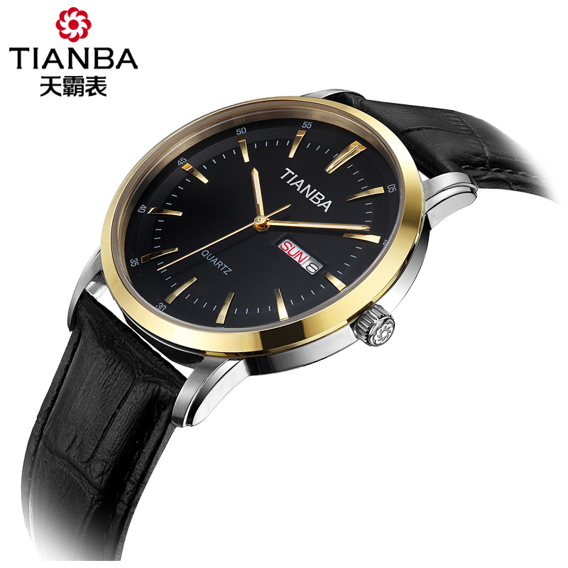 天霸(TIANBA)名仕系列男士手表 商务休闲皮带款双历手表 时尚情侣手表 石英表 男TM7019.01PK 黑色