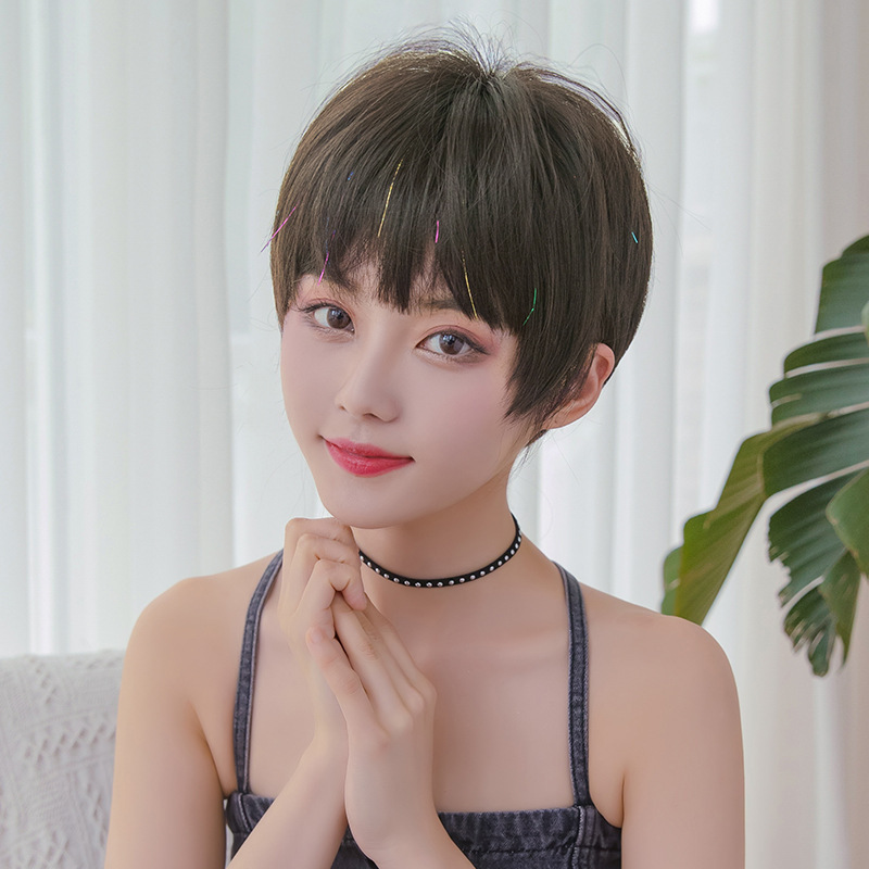 假发女短发头套式彩带闪丝波波头自然新式发套bobo头时尚假发|黑棕色