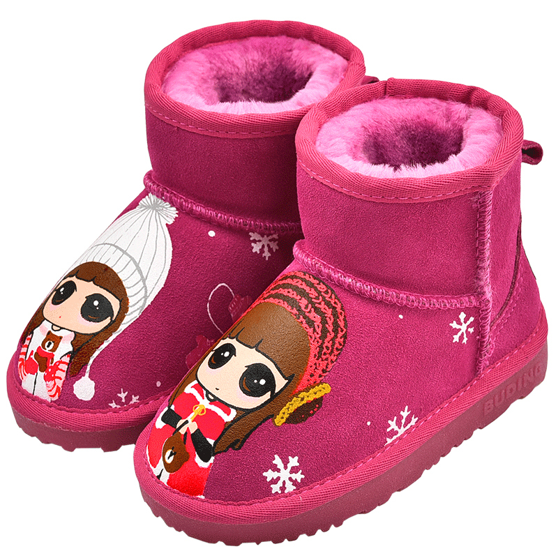亲子雪地靴女童牛皮短靴真皮保暖母女鞋可爱卡通棉靴2018冬季新款