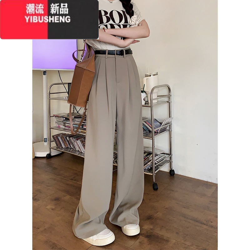 YIBUSHENG垂感西装休闲裤女季2024新款法式高腰宽松阔腿直筒纯色百搭长裤 卡其色 XL