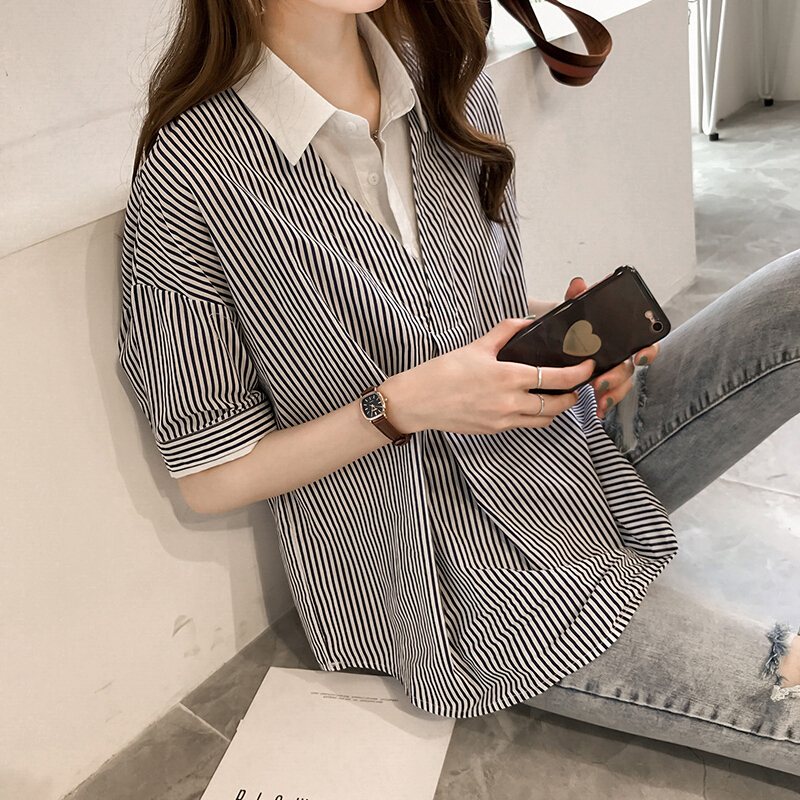 衬衫短袖女夏2018新款韩范大码胖mm宽松上衣POLO领拼接假两件衬衣蓝条纹