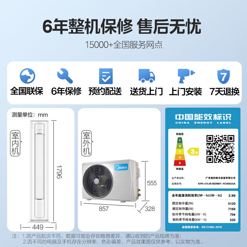 美的(Midea) KFR-51LW/BDN8Y-YC400(3)A 圆柱式 正2P 3级 变频 白色 冷暖(JW)