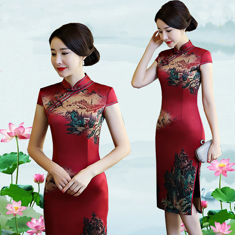 老上海旗袍祺袍女2018新款中长款七分袖妈妈裙旗袍连衣裙礼服中裙青色3号7208丝绸