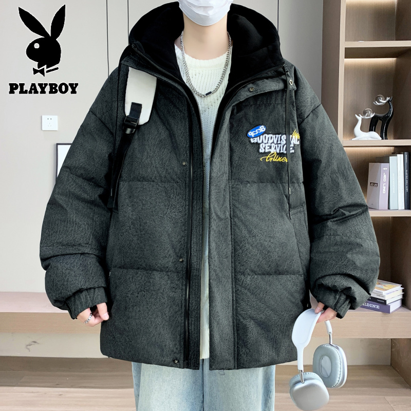 花花公子新款高品质带质检假两件羽绒服男针织帽白鸭绒潮流青少年冬季外套男高清大图