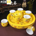 三维工匠特价 精品景德镇茶具套装整套陶瓷茶壶茶杯 青花瓷 双层带茶盘 B双层【茶具+茶盘】黄金龙 8件