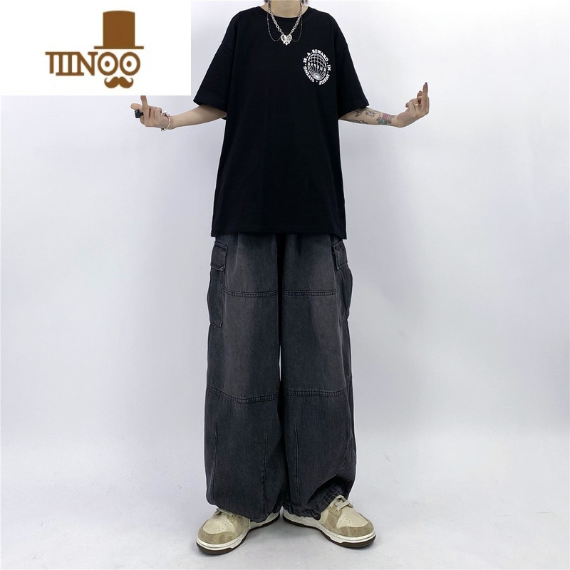 YANXU妈个鸡妈 ins嘻哈国潮日系大码束脚工装裤水洗宽松牛仔裤男女长女高清大图