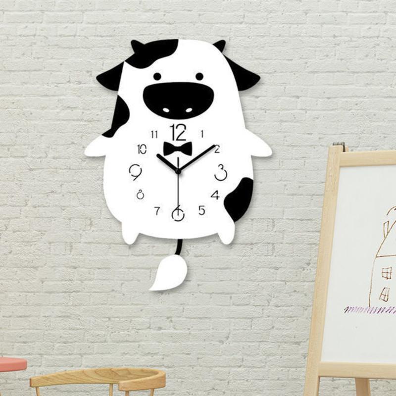 儿童卡通萌宠摇摆挂钟现代家居装饰钟表创意动物奶牛钟摆时钟黑奶牛