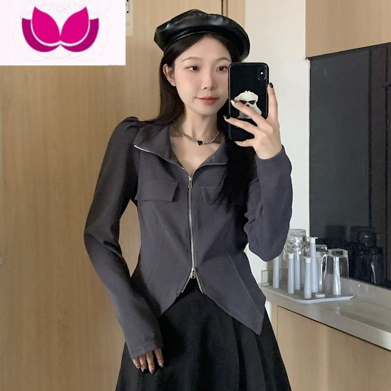 七斓大码长袖t恤女春季设计感小众胖MM短款不规则打底衫内搭别致上衣