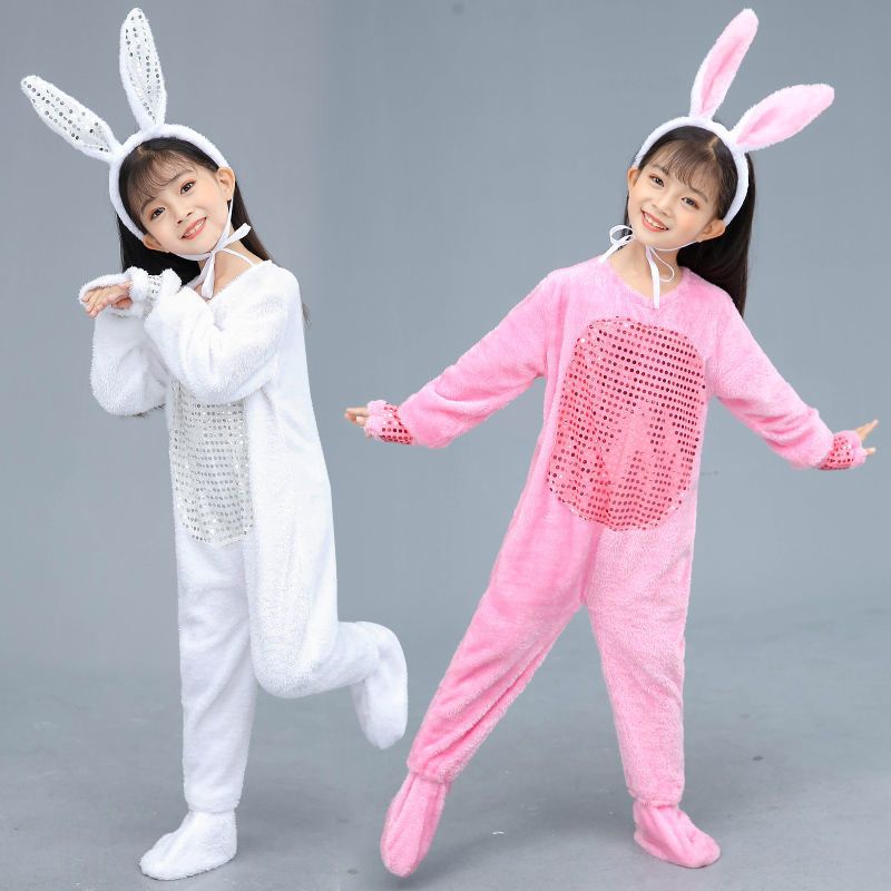 兔子白毛帽子夏款100元旦儿童小白兔表演服幼儿园舞台舞蹈服装小动物