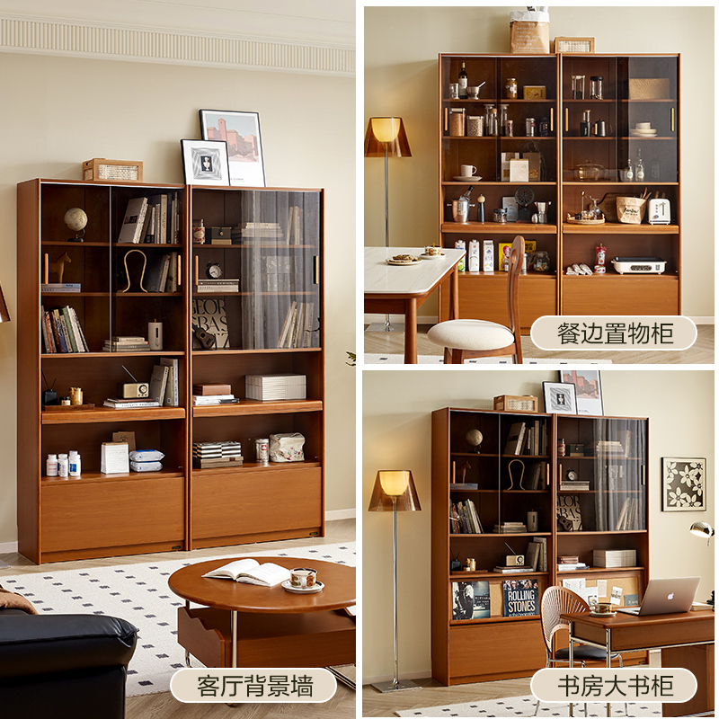 全友家居中古风书柜带玻璃门客厅展示柜书房储物收纳立柜高清大图