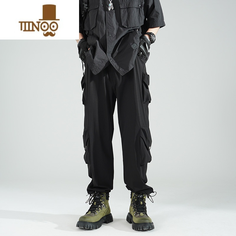YANXU2023秋季潮流百搭休闲裤男生高街潮牌宽松直筒束脚机能垂感工装裤高清大图