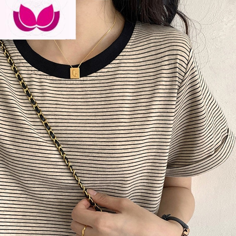 七斓大码短袖女宽松韩版潮oversize条纹t恤港味复古chic上衣ins夏