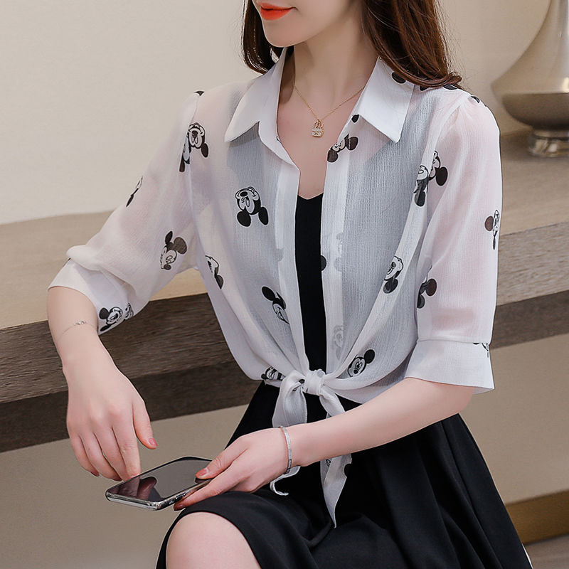 小披肩夏短款米奇印花雪纺披肩女外搭配裙子开衫防晒衣薄款小外套