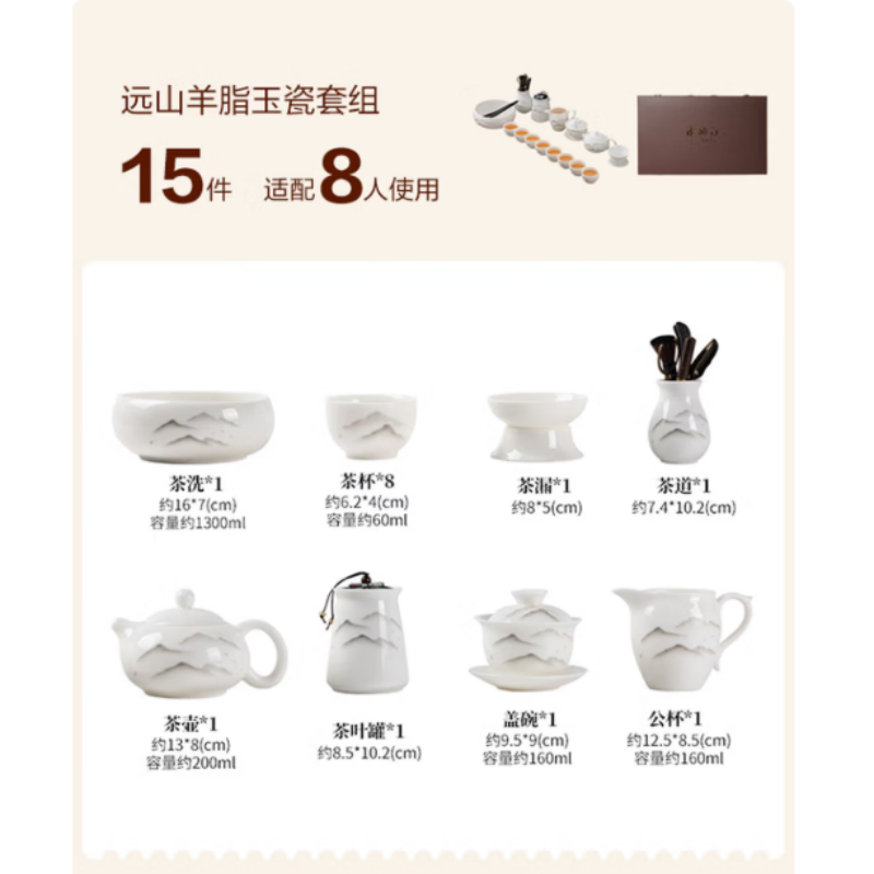 金镶玉 羊脂玉陶瓷远山茶具套装高清大图