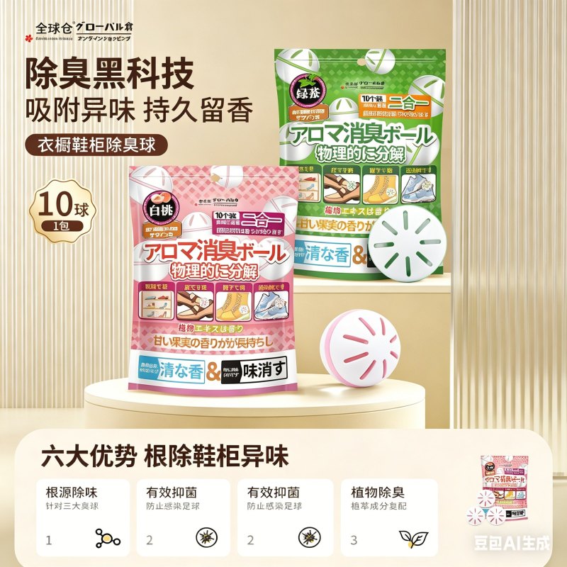 4袋 40个入 绿茶+白桃 全球仓鞋柜香薰除臭球空气清新剂持久清香衣柜去味防臭香包鞋子官方正品旗舰店