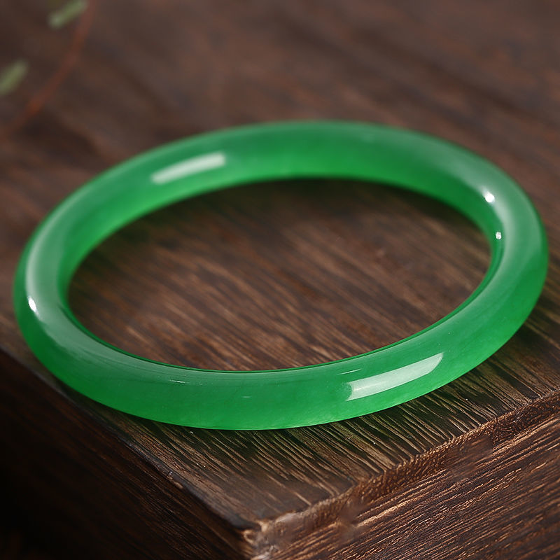 圆条满绿款石英岩玉手镯 真玉缅甸石英岩满绿冰种飘花翡翠绿色玉手镯