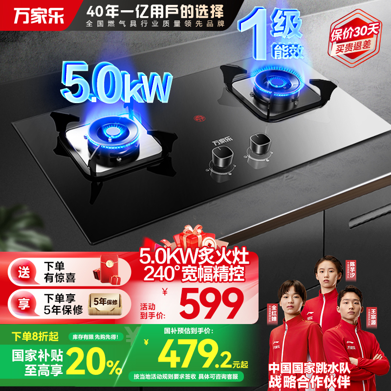 万家乐KV061B燃气灶5.0KW双灶家用台嵌入式天然气烈火炉灶具240°C精控