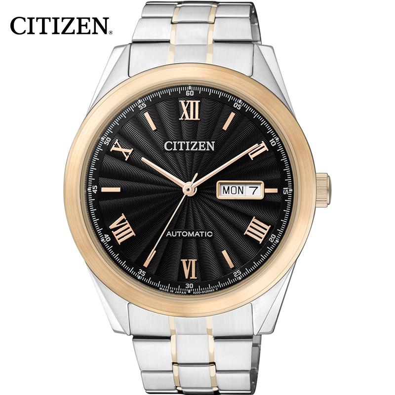 西铁城(CITIZEN)手表 时尚休闲自动机械双日历不锈钢间金色男款 NH7514-59EB