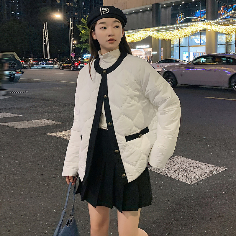 【2.5折价185元】唐狮冬季新款小香风棉衣女圆领小个子菱形格轻薄棉袄外套潮 本白 L
