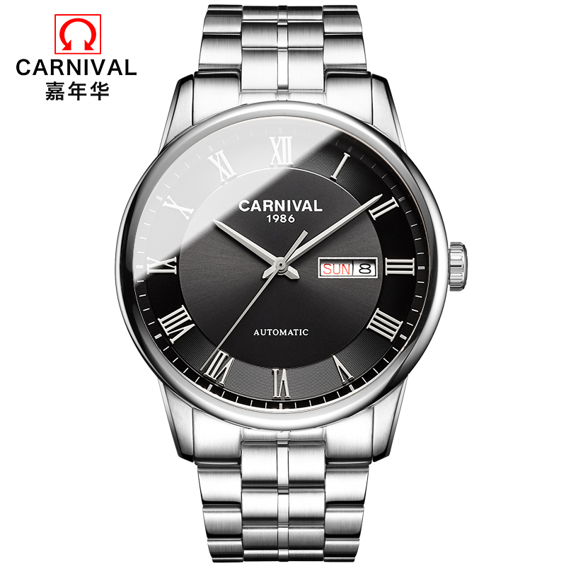 嘉年华Carnival正品男表防水进口机芯全自动机械表 男士手表双日历时尚表钢带潮流休闲简约腕表新款806高清大图