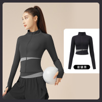 拼色加长瑜伽外套速干瑜伽服高领修身显瘦裸感健身上衣女 M 星耀黑