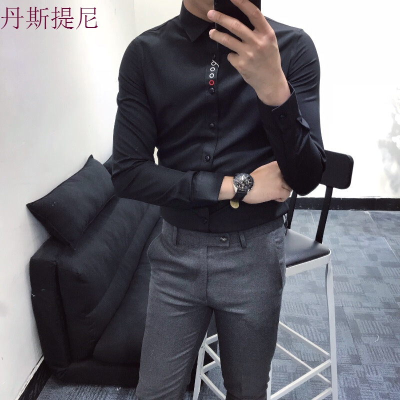 韩国新款简约刺绣潮流长袖衬衫男韩版修身百搭青年日常款休闲衬衣视频