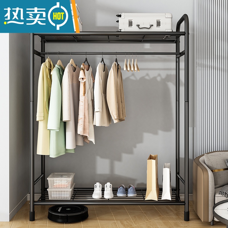 敬平衣帽架双杆晾衣架落地卧室内简易折叠挂衣架子家用晒衣服架收纳架 100cm-上下双置物网-白色高清大图