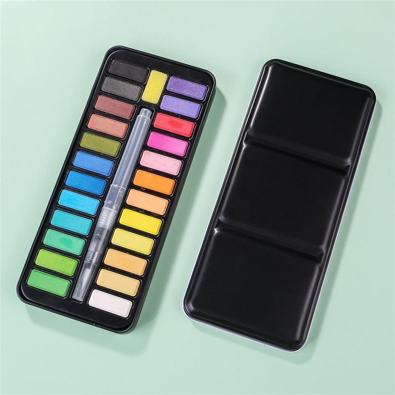 铁盒分装水粉颜料初学者学生美术用品黑色24送自来水笔一支调色盘视频
