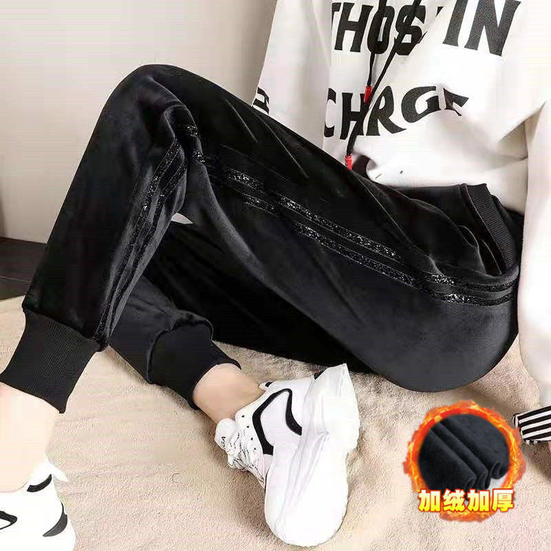 黑色丝绒运动休闲裤子女束脚加绒加厚抗寒外穿修身显瘦冬季保暖裤