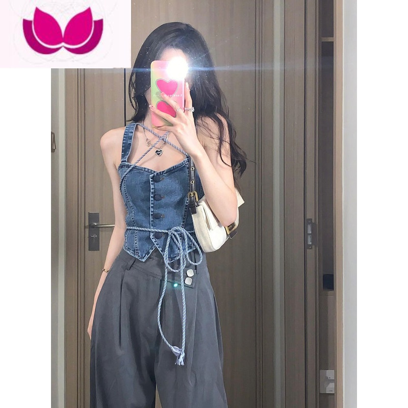 七斓夏季轻熟风女装港味御姐纯欲风辣妹牛仔吊带上衣阔腿裤套装女