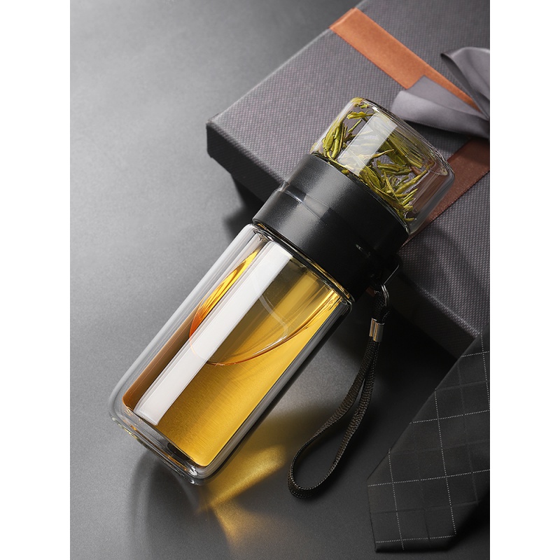 家柏饰(CORATED)双层玻璃杯便携男过滤茶水分离泡茶杯车载水杯女个性创意潮流杯子 木纹色-350ML高清大图