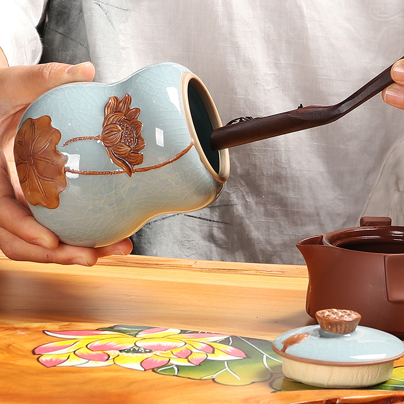 尚帝(shangdi)龙泉青瓷茶叶罐高密封哥窑储存罐普洱醒茶罐哥窑茶具陶瓷罐 大号浮雕荷花茶罐