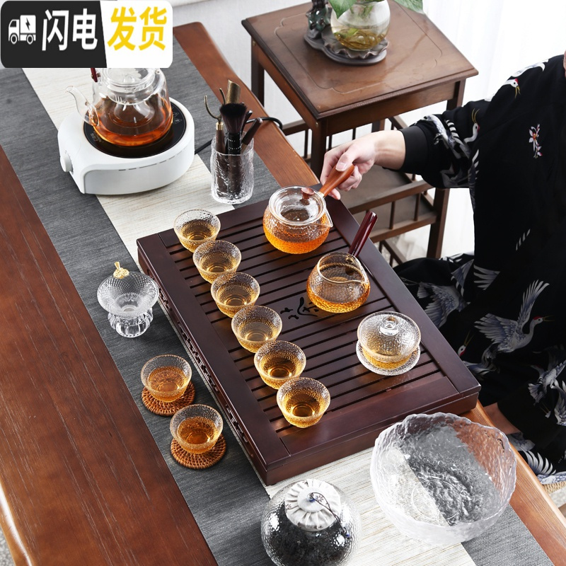 三维工匠玻璃茶具套装家用日式简约透明泡茶壶加厚整套功夫茶盘茶杯煮茶器 檀木茶盘套装A(16件套)