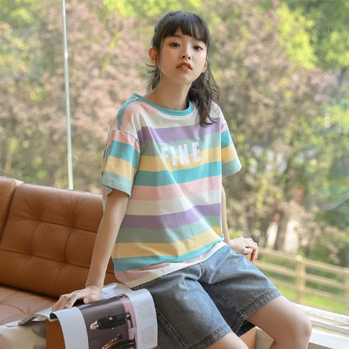 暖青汇12大童短袖t恤女13初中生14夏天棉上衣15岁中学生洋气条纹衣服