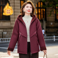 冬季新款妈妈冬装外套时尚女士休闲大衣中老年人加绒衣服一体绒女 3XL(建议125-140斤） 酒红色棉衣