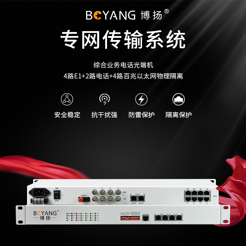 博扬 综合多业务光端机 4路E1+2路电话+4路百兆以太网物理隔离 单纤20km 机架式 BY-4E1-2P4EV