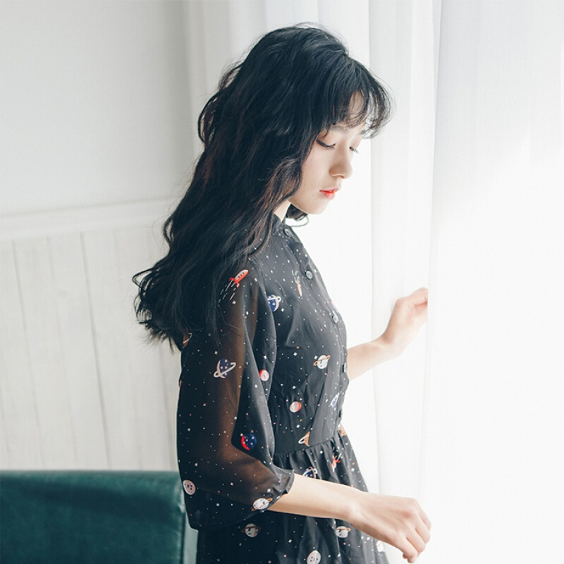 温柔裙超仙收腰仙女裙及踝长裙女夏学生森系碎花裙黑色雪纺连衣裙黑色