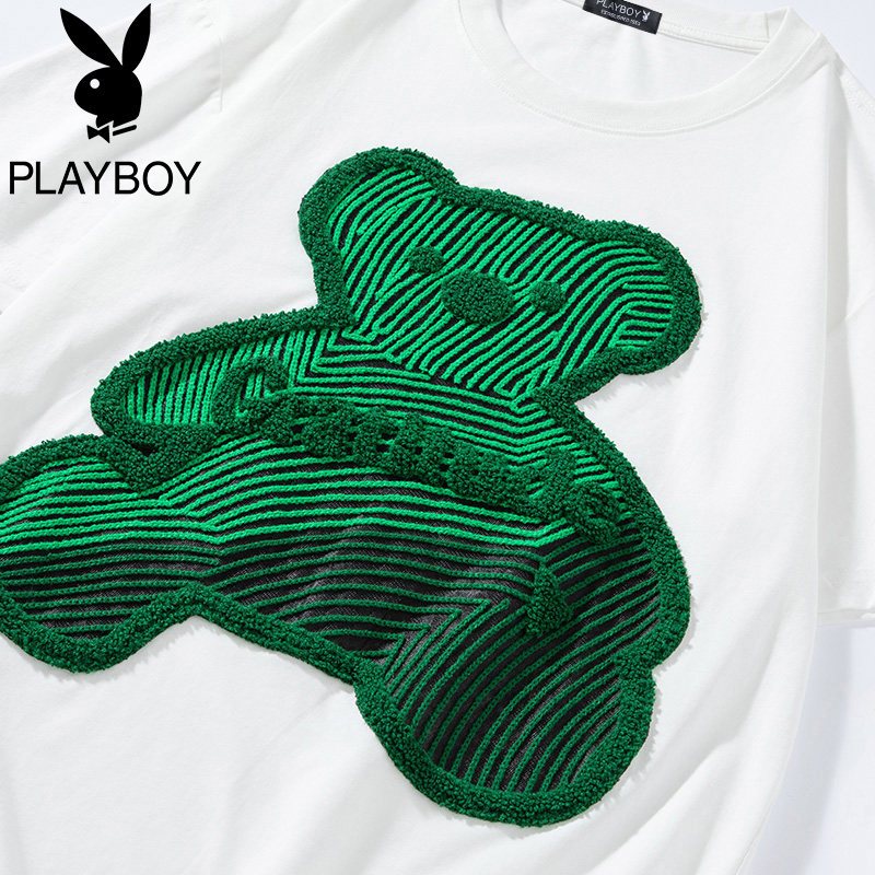 花花公子小熊T恤男潮2022夏季字母新款卡通绣花圆领体恤短袖薄款